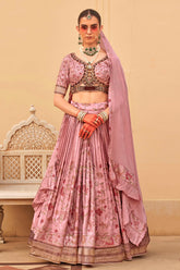 Exclusive latest Light Pink designer Lehenga in pure pv silk and foil print with detailed embroidery, hand and mirror work